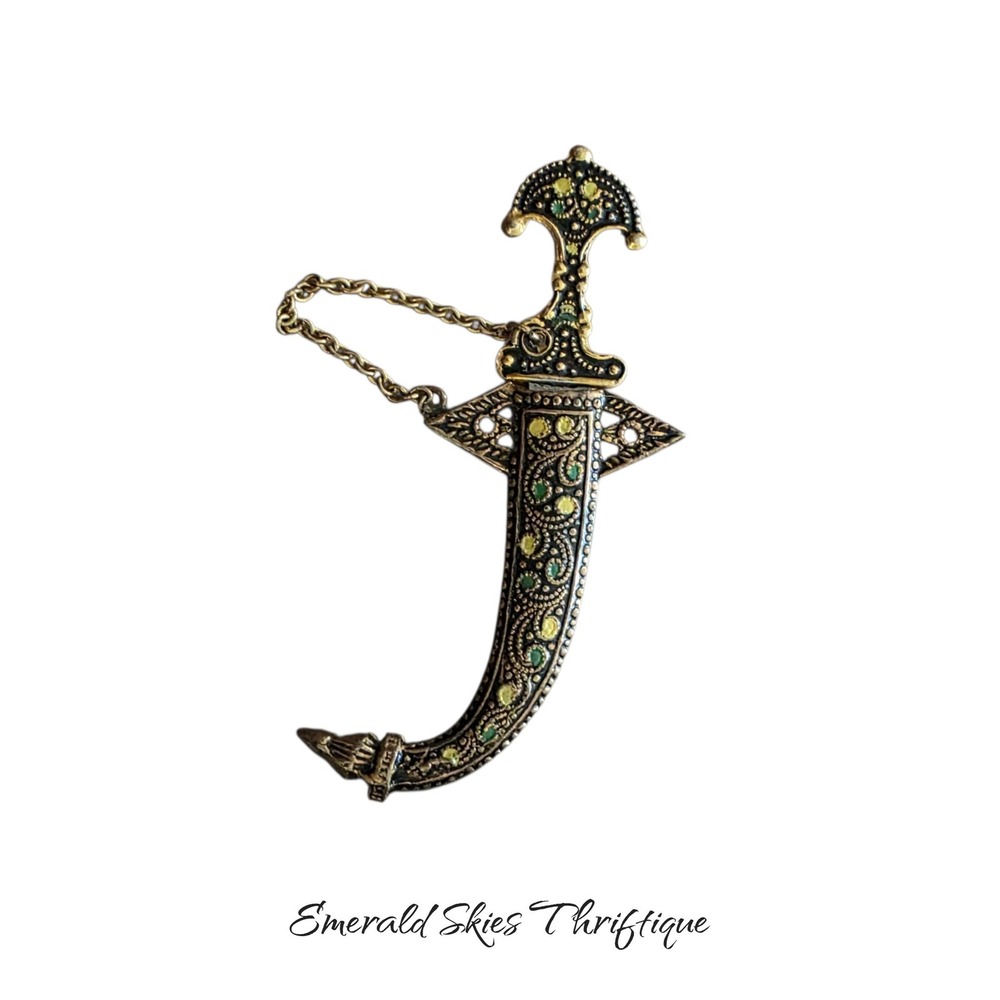 Vintage Damascene Scimitar Dagger Brooch Pin Removable Sword Chain free ship